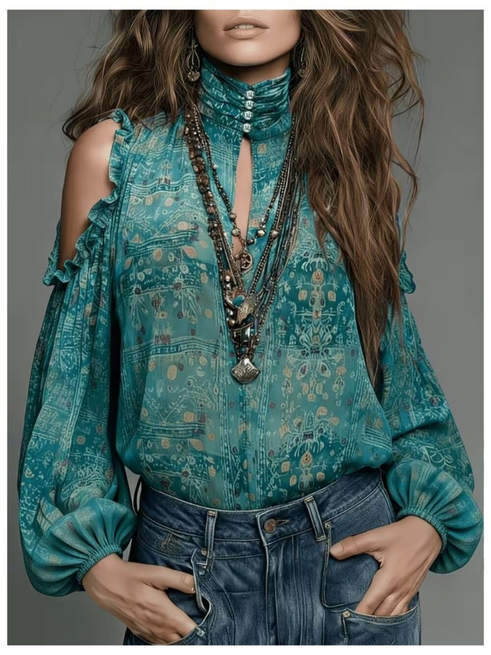 Wild Boho Style Off-Shoulder Blue Print Chiffon Top High Collar 14